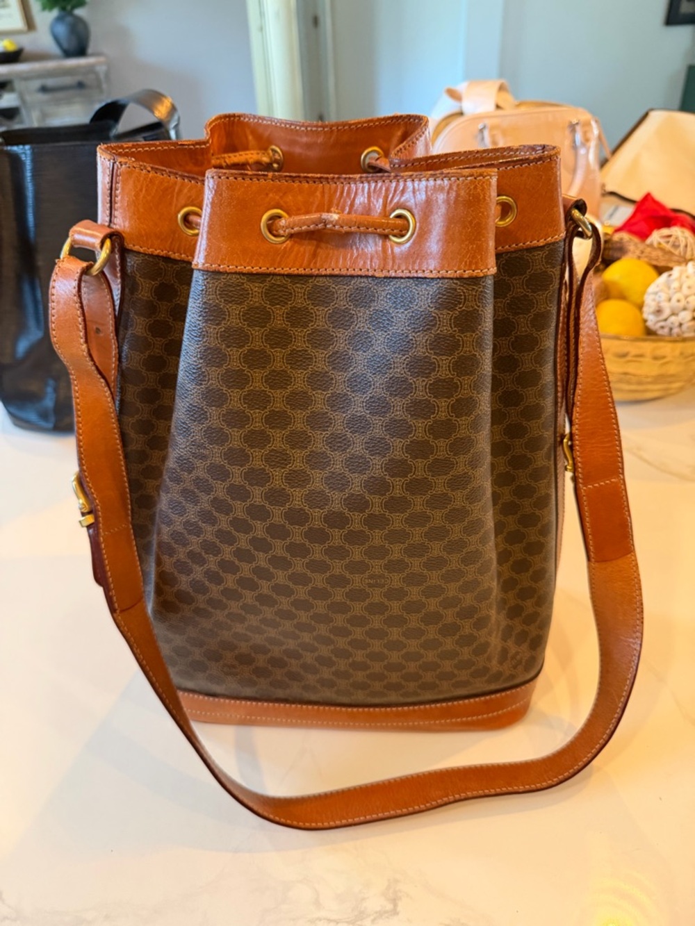 Celine Brown Monogram Leather-Trim Drawstring Bucket Bag - Picture 2 of 10